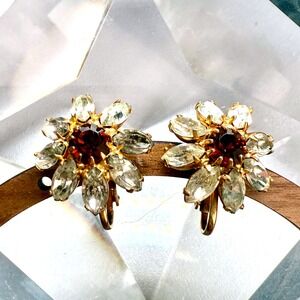 VTG 50s Rhinestone Flower Clip On Earrings Amber Clear Gold Tone Starburst Amber